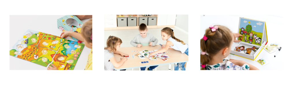 Deti sa hrajú s farebným puzzle, spoločenskou hrou s kartičkami a magnetickou tabuľou s farmárskymi obrázkami.