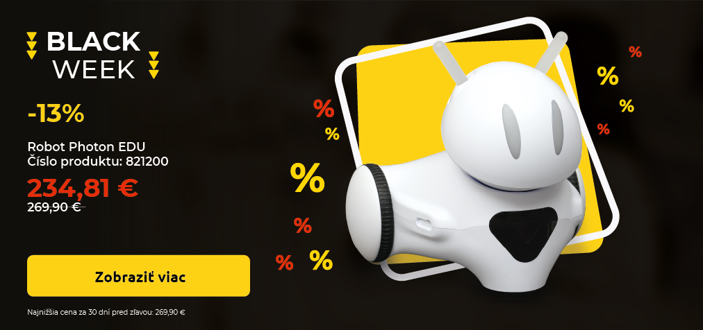 Robot Photon EDU s 13% zľavou počas Black Week. Cena po zľave: 234,81 €, pôvodná cena: 269,90 €. Produkt č. 821200.