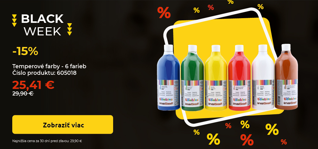 Tempera farby - 6 farieb s 15% zľavou počas Black Week. Cena po zľave: 25,41 €, pôvodná cena: 29,90 €. Produkt č. 605018.